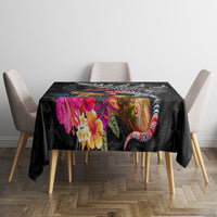 New Zealand Tuatara Tablecloth Silver Fern Hibiscus and Tribal Maori Pattern Black Color LT03 - Polynesian Pride
