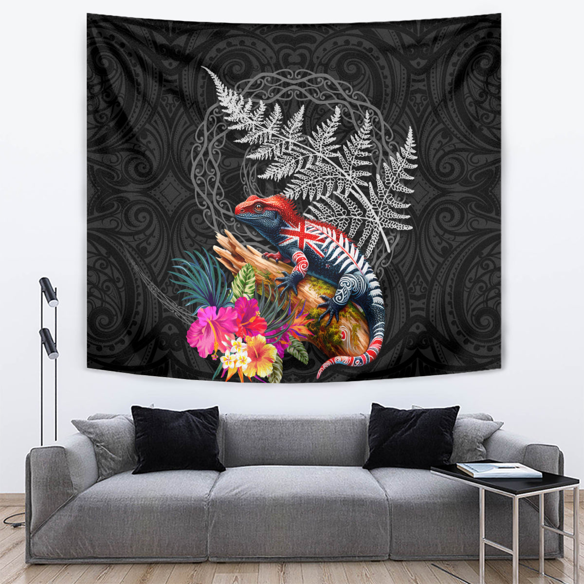 New Zealand Tuatara Tapestry Silver Fern Hibiscus and Tribal Maori Pattern Black Color