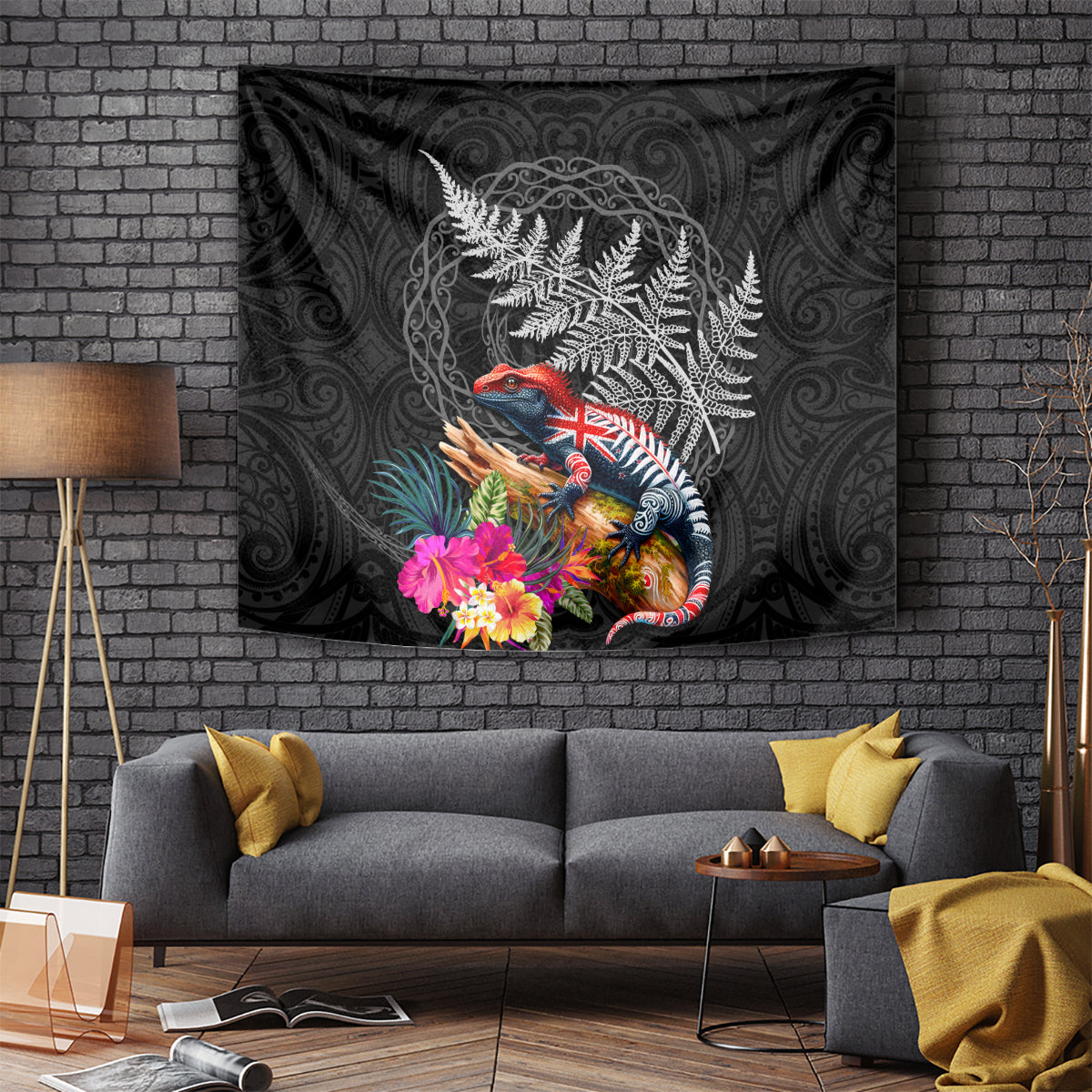 New Zealand Tuatara Tapestry Silver Fern Hibiscus and Tribal Maori Pattern Black Color