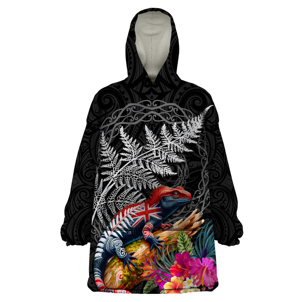 New Zealand Tuatara Wearable Blanket Hoodie Silver Fern Hibiscus and Tribal Maori Pattern Black Color