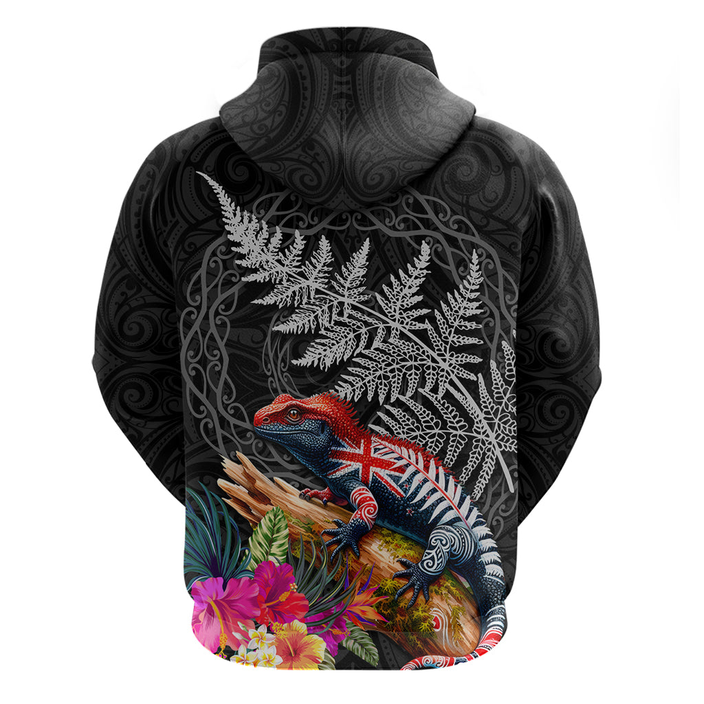 New Zealand Tuatara Zip Hoodie Silver Fern Hibiscus and Tribal Maori Pattern Black Color