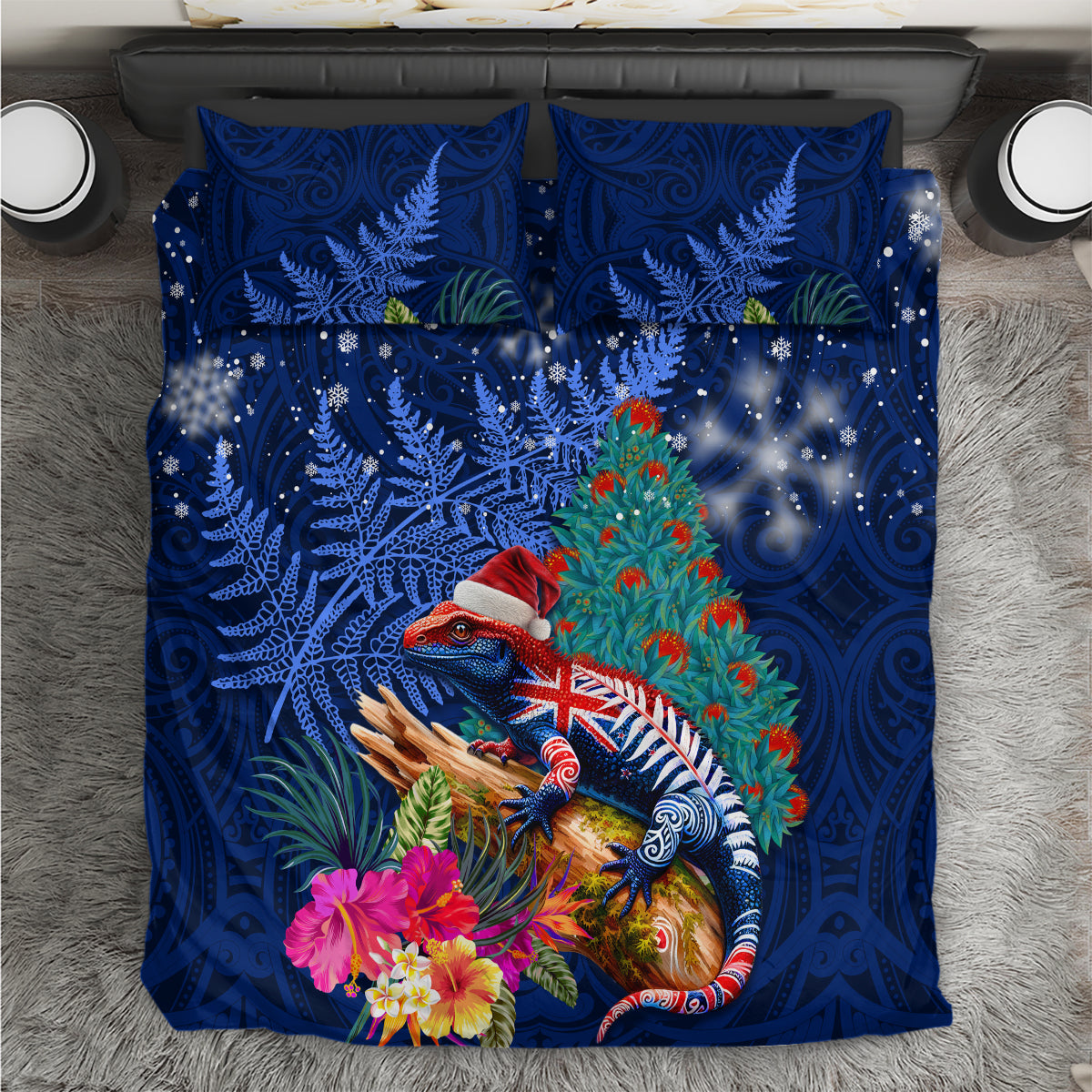 New Zealand Tuatara Christmas Bedding Set Silver Fern and Xmas Pohutukawa Tree Blue Color