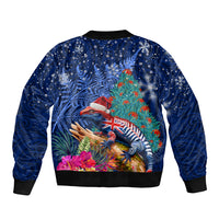 New Zealand Tuatara Christmas Bomber Jacket Silver Fern and Xmas Pohutukawa Tree Blue Color LT03 - Polynesian Pride