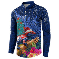 New Zealand Tuatara Christmas Button Sweatshirt Silver Fern and Xmas Pohutukawa Tree Blue Color LT03 - Polynesian Pride