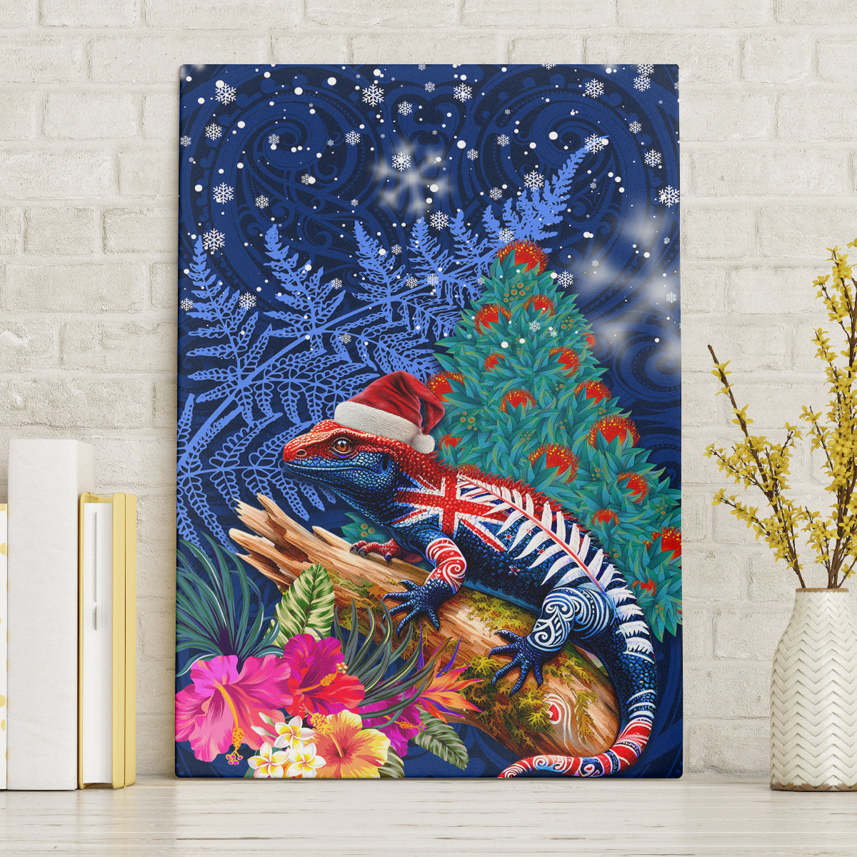 New Zealand Tuatara Christmas Canvas Wall Art Silver Fern and Xmas Pohutukawa Tree Blue Color LT03 Without Frame Blue - Polynesian Pride