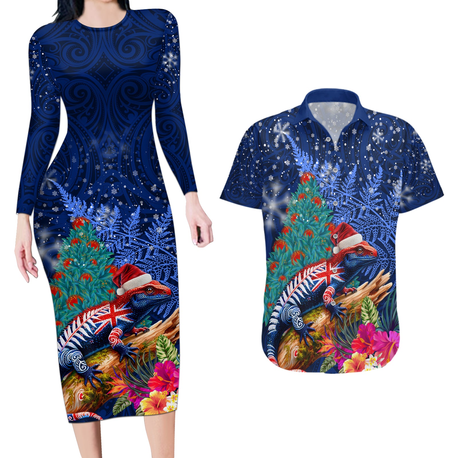 New Zealand Tuatara Christmas Couples Matching Long Sleeve Bodycon Dress and Hawaiian Shirt Silver Fern and Xmas Pohutukawa Tree Blue Color