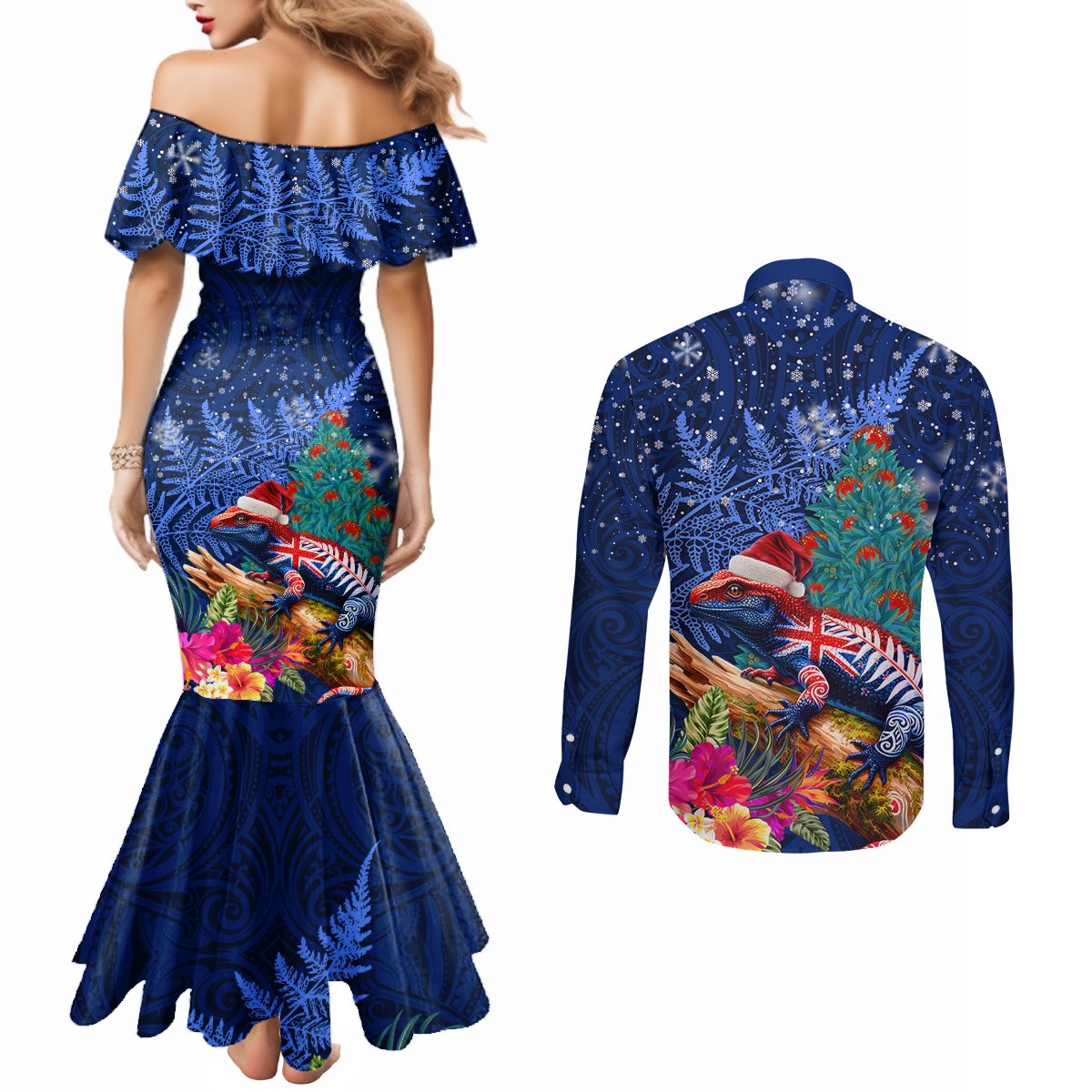 New Zealand Tuatara Christmas Couples Matching Mermaid Dress and Long Sleeve Button Shirt Silver Fern and Xmas Pohutukawa Tree Blue Color