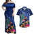 New Zealand Tuatara Christmas Couples Matching Off Shoulder Maxi Dress and Hawaiian Shirt Silver Fern and Xmas Pohutukawa Tree Blue Color