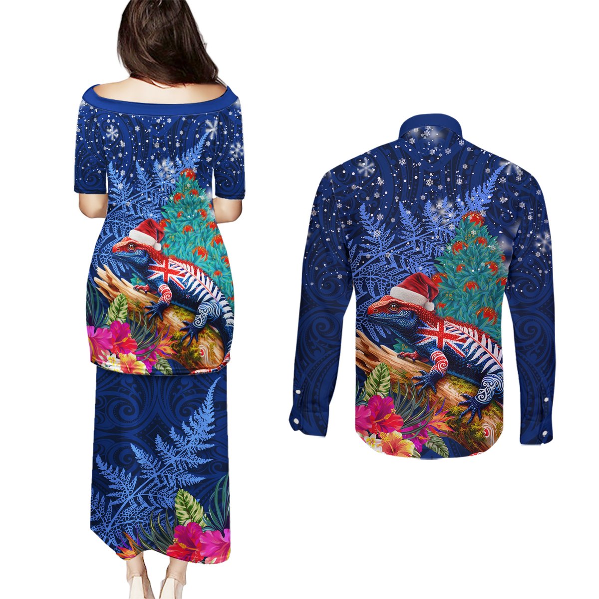 New Zealand Tuatara Christmas Couples Matching Puletasi and Long Sleeve Button Shirt Silver Fern and Xmas Pohutukawa Tree Blue Color