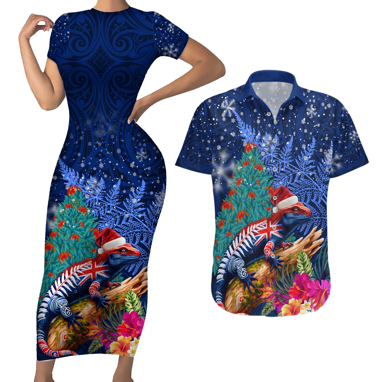 New Zealand Tuatara Christmas Couples Matching Short Sleeve Bodycon Dress and Hawaiian Shirt Silver Fern and Xmas Pohutukawa Tree Blue Color