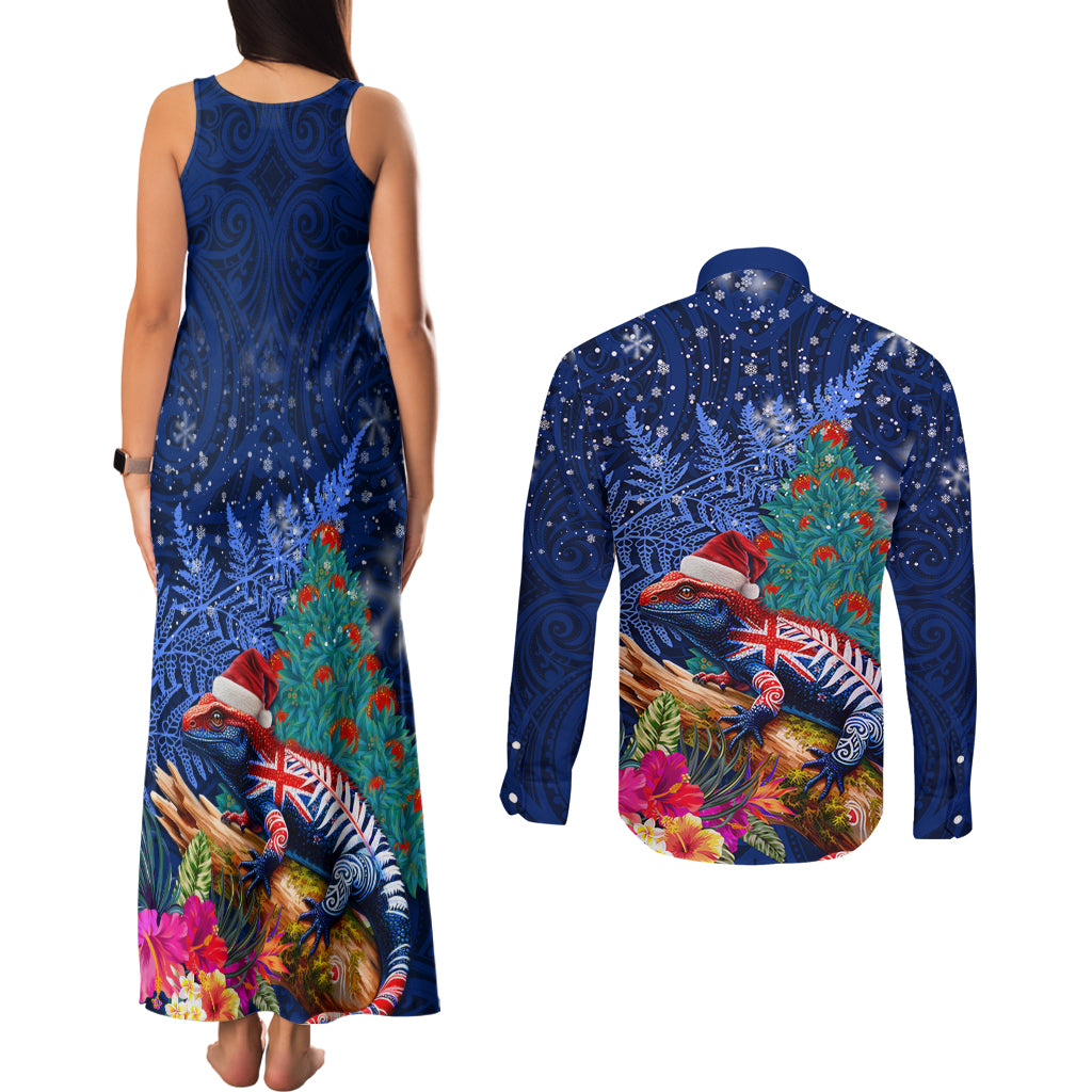 New Zealand Tuatara Christmas Couples Matching Tank Maxi Dress and Long Sleeve Button Shirt Silver Fern and Xmas Pohutukawa Tree Blue Color