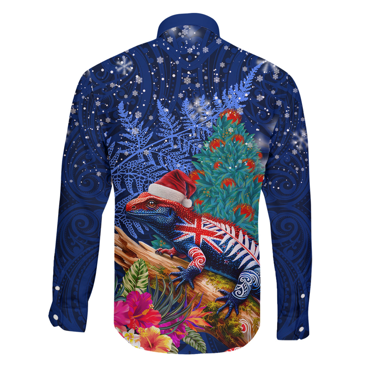 New Zealand Tuatara Christmas Family Matching Mermaid Dress and Hawaiian Shirt Silver Fern and Xmas Pohutukawa Tree Blue Color