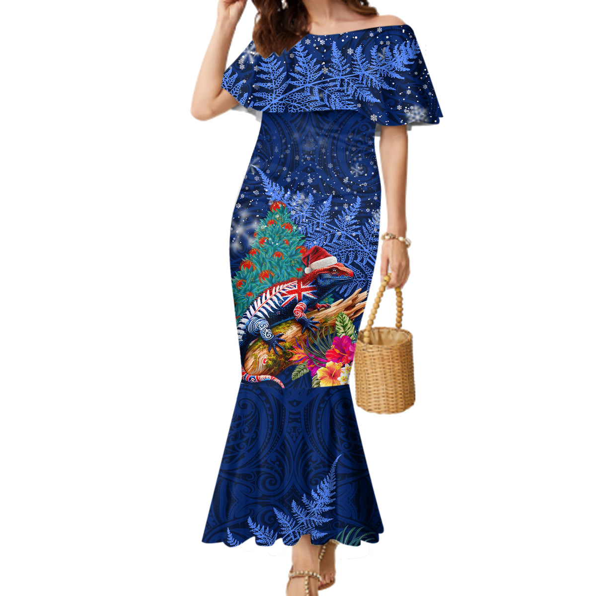 New Zealand Tuatara Christmas Family Matching Mermaid Dress and Hawaiian Shirt Silver Fern and Xmas Pohutukawa Tree Blue Color