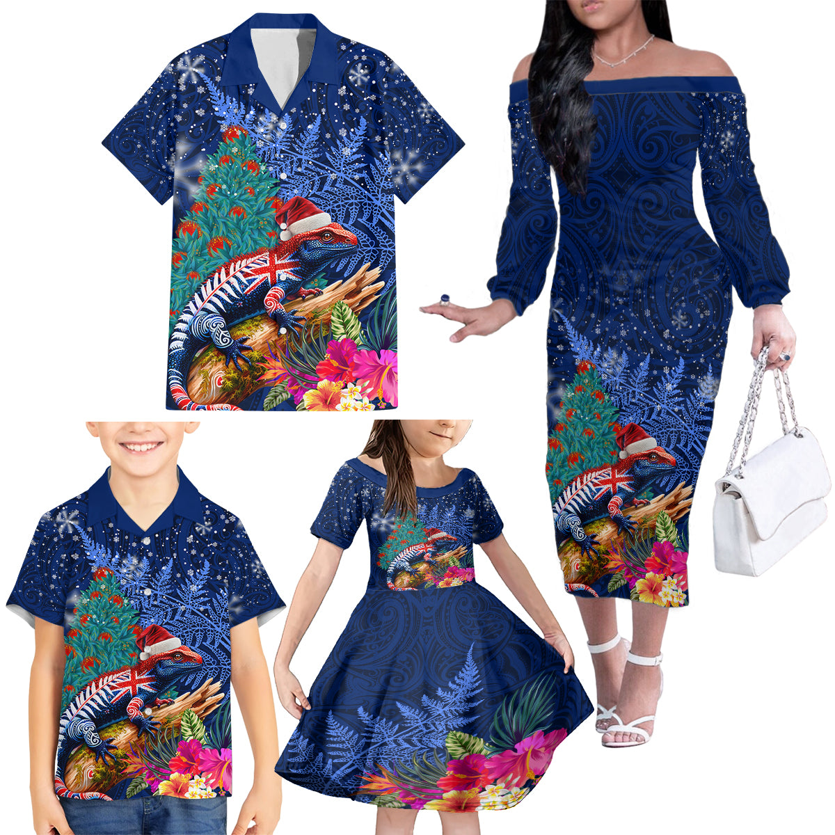 New Zealand Tuatara Christmas Family Matching Off The Shoulder Long Sleeve Dress and Hawaiian Shirt Silver Fern and Xmas Pohutukawa Tree Blue Color