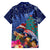 New Zealand Tuatara Christmas Family Matching Off The Shoulder Long Sleeve Dress and Hawaiian Shirt Silver Fern and Xmas Pohutukawa Tree Blue Color