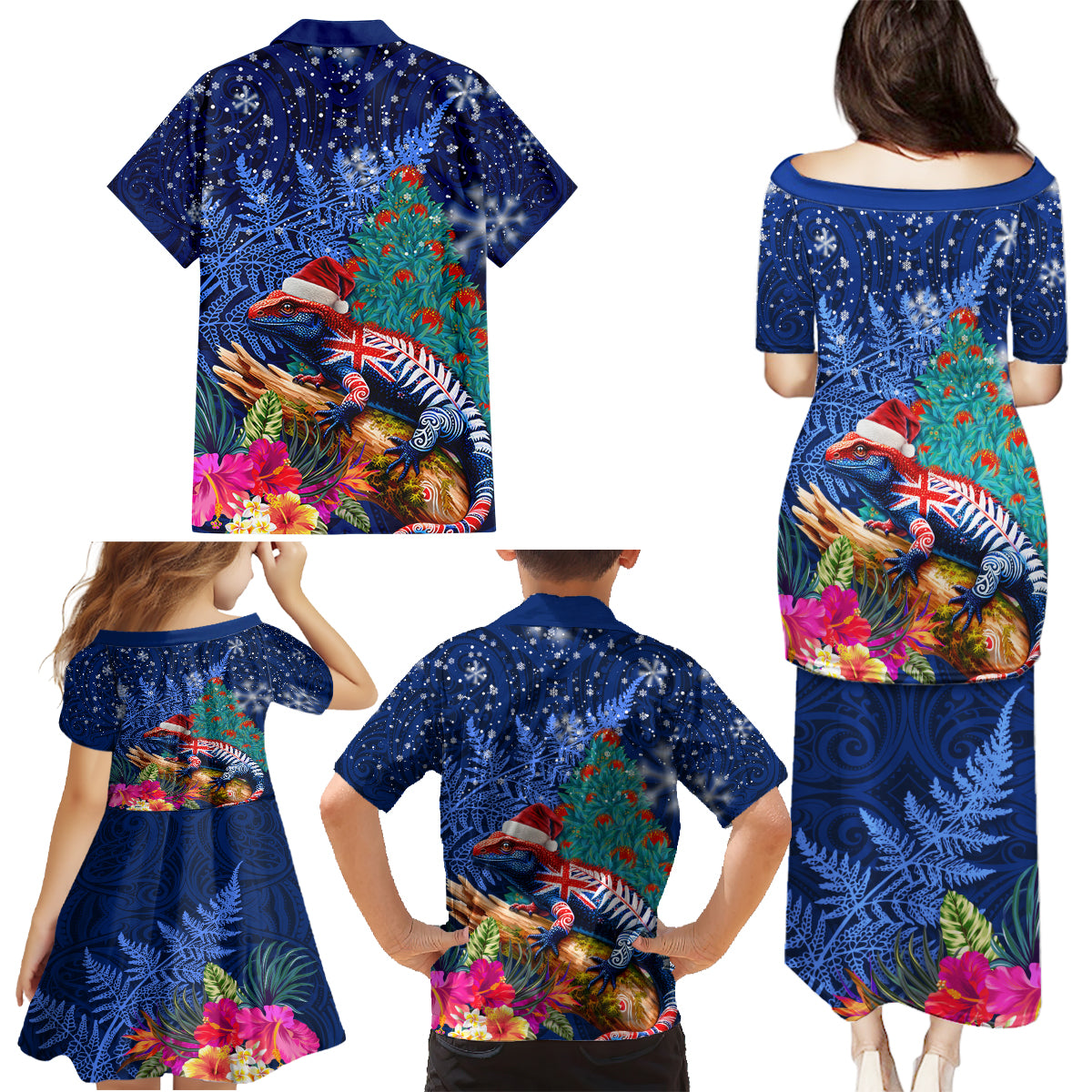 New Zealand Tuatara Christmas Family Matching Puletasi and Hawaiian Shirt Silver Fern and Xmas Pohutukawa Tree Blue Color