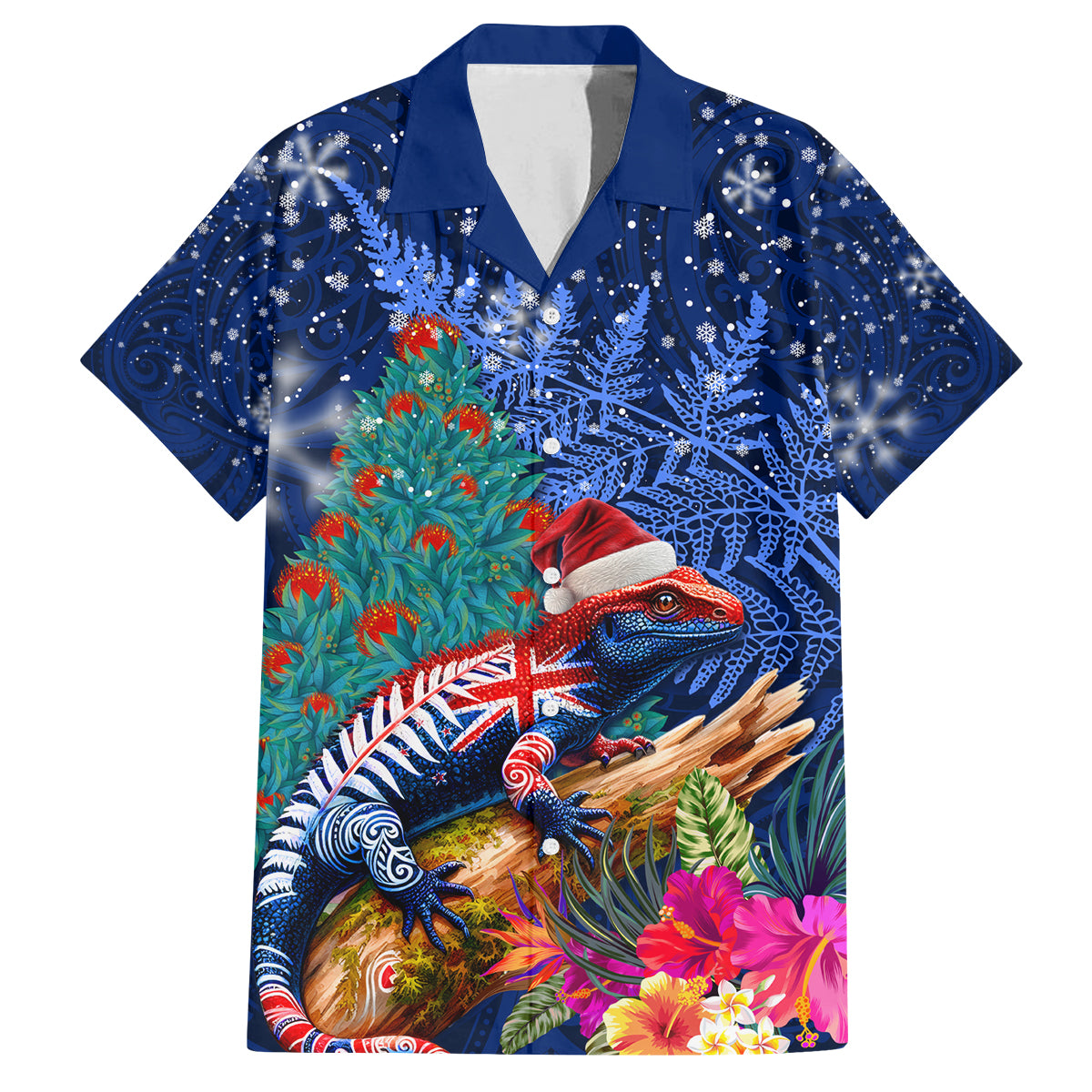 New Zealand Tuatara Christmas Family Matching Puletasi and Hawaiian Shirt Silver Fern and Xmas Pohutukawa Tree Blue Color