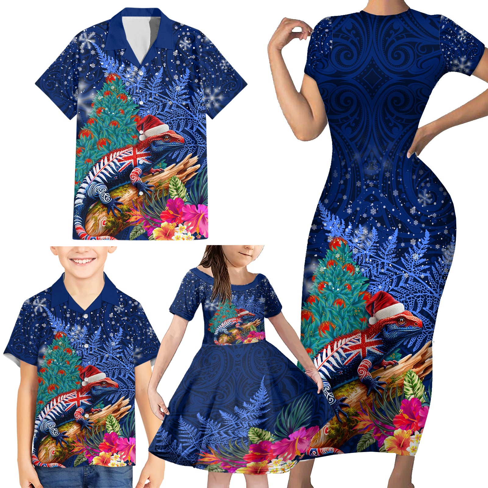 New Zealand Tuatara Christmas Family Matching Short Sleeve Bodycon Dress and Hawaiian Shirt Silver Fern and Xmas Pohutukawa Tree Blue Color