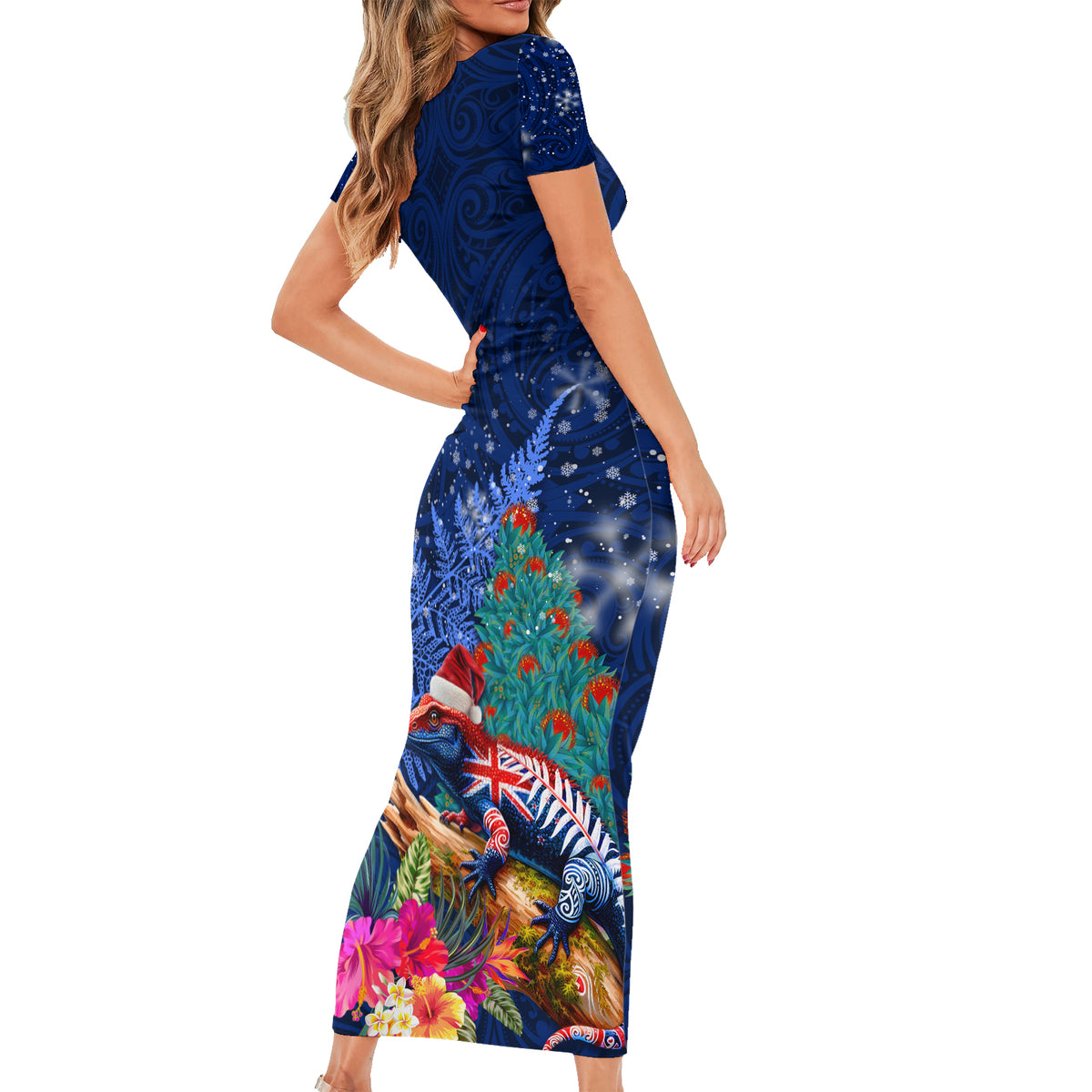 New Zealand Tuatara Christmas Family Matching Short Sleeve Bodycon Dress and Hawaiian Shirt Silver Fern and Xmas Pohutukawa Tree Blue Color