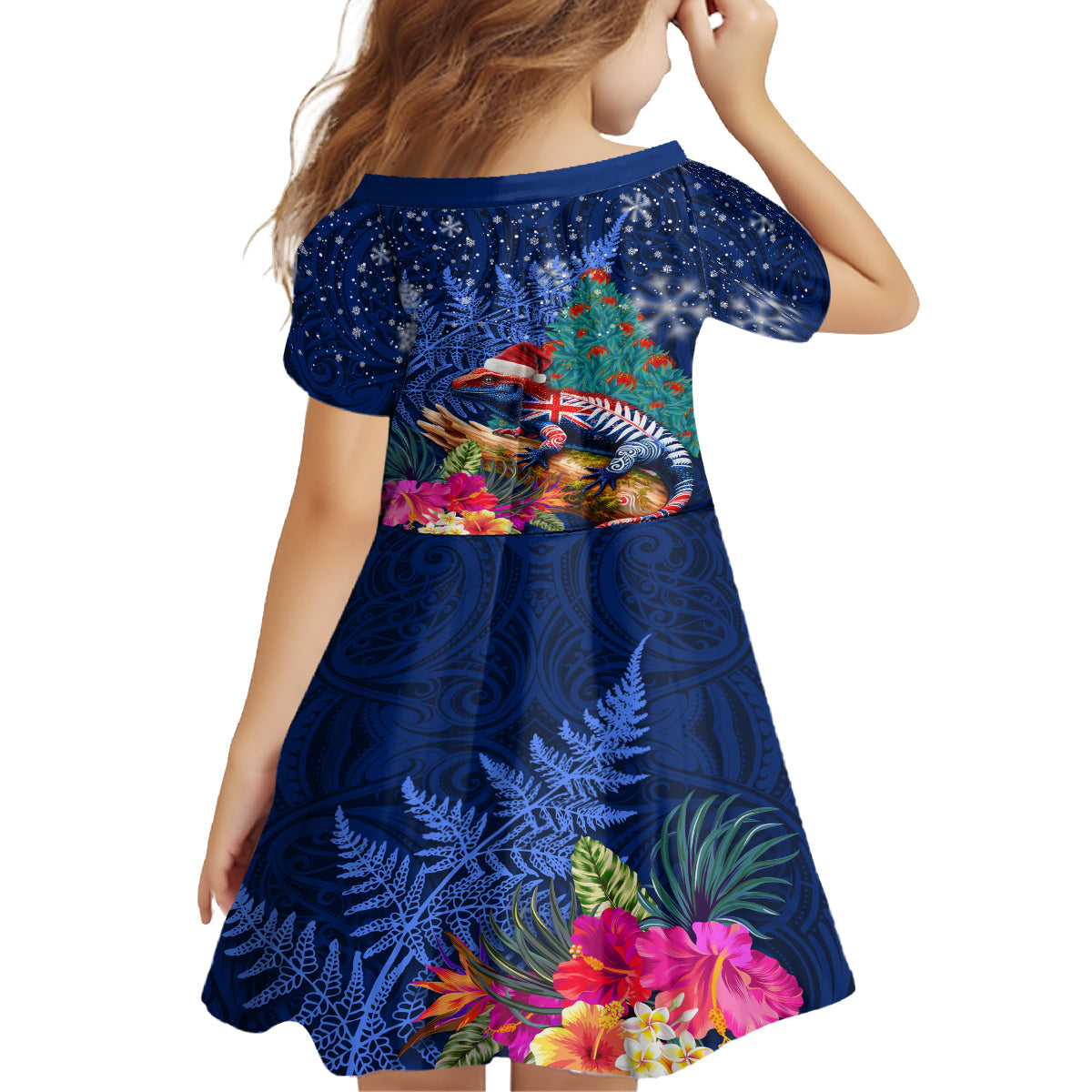 New Zealand Tuatara Christmas Family Matching Summer Maxi Dress and Hawaiian Shirt Silver Fern and Xmas Pohutukawa Tree Blue Color