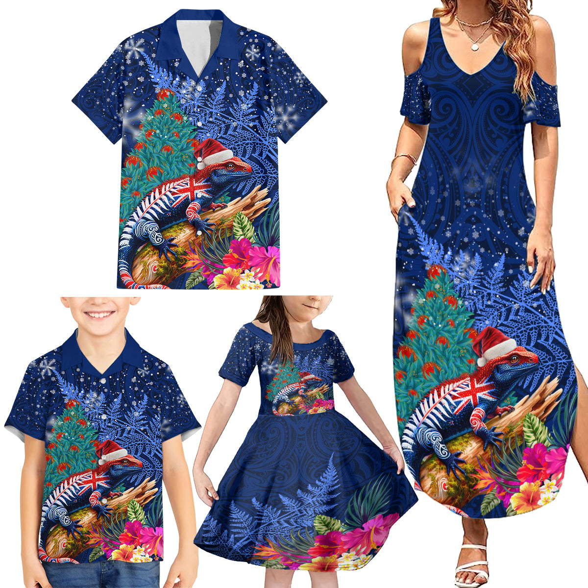 New Zealand Tuatara Christmas Family Matching Summer Maxi Dress and Hawaiian Shirt Silver Fern and Xmas Pohutukawa Tree Blue Color LT03 - Polynesian Pride