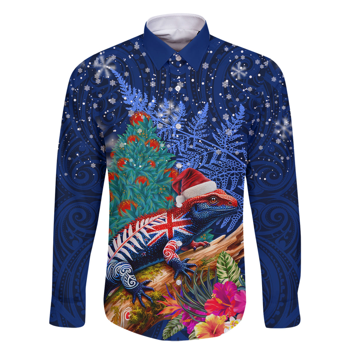 New Zealand Tuatara Christmas Family Matching Summer Maxi Dress and Hawaiian Shirt Silver Fern and Xmas Pohutukawa Tree Blue Color