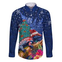 New Zealand Tuatara Christmas Family Matching Tank Maxi Dress and Hawaiian Shirt Silver Fern and Xmas Pohutukawa Tree Blue Color
