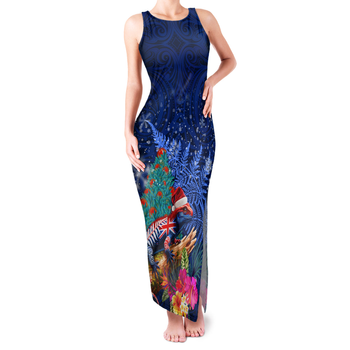 New Zealand Tuatara Christmas Family Matching Tank Maxi Dress and Hawaiian Shirt Silver Fern and Xmas Pohutukawa Tree Blue Color