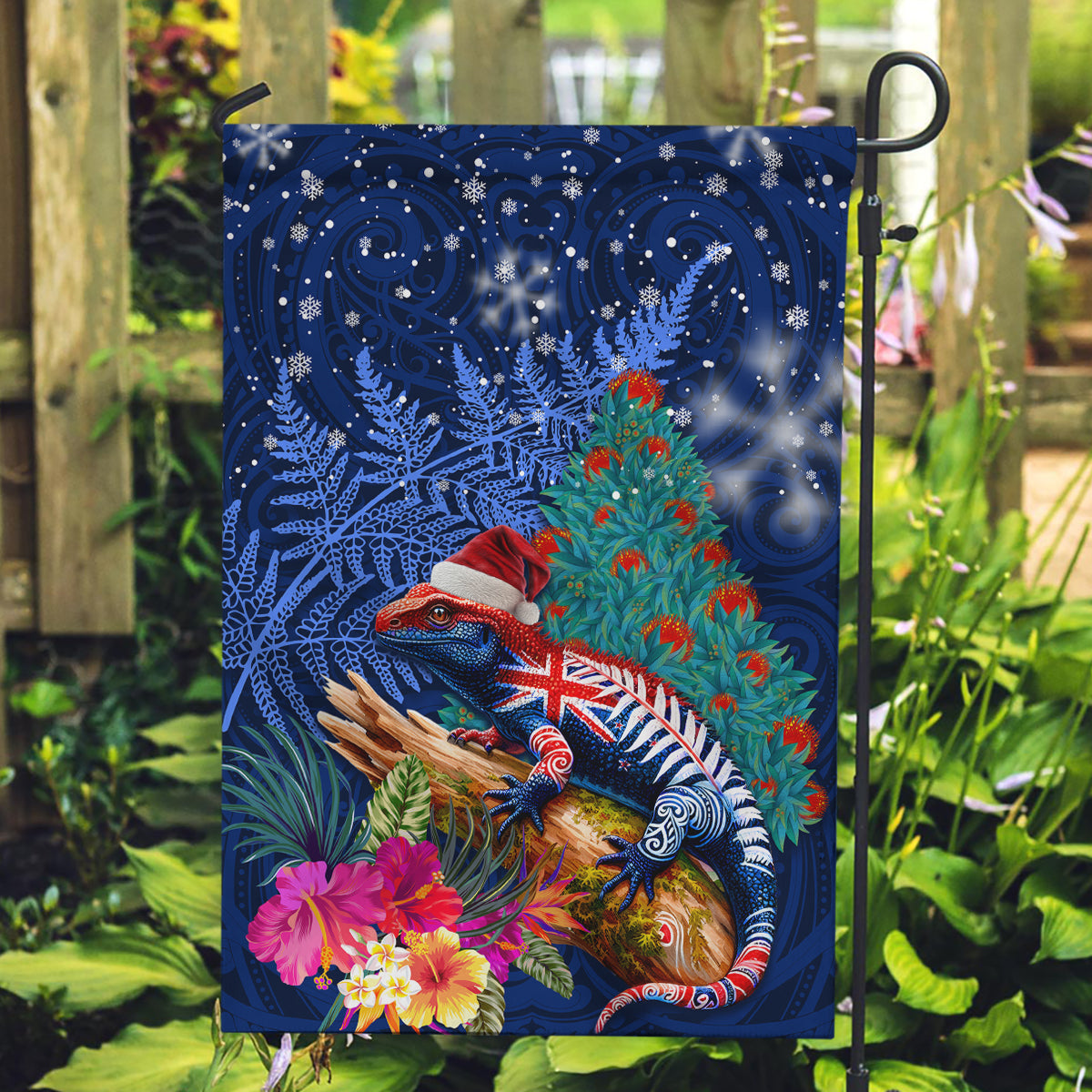 New Zealand Tuatara Christmas Garden Flag Silver Fern and Xmas Pohutukawa Tree Blue Color