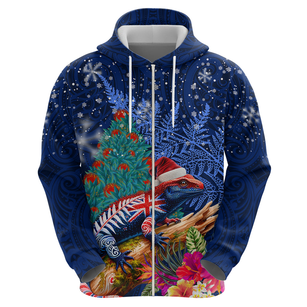 New Zealand Tuatara Christmas Hoodie Silver Fern and Xmas Pohutukawa Tree Blue Color