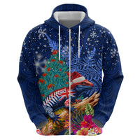 New Zealand Tuatara Christmas Hoodie Silver Fern and Xmas Pohutukawa Tree Blue Color