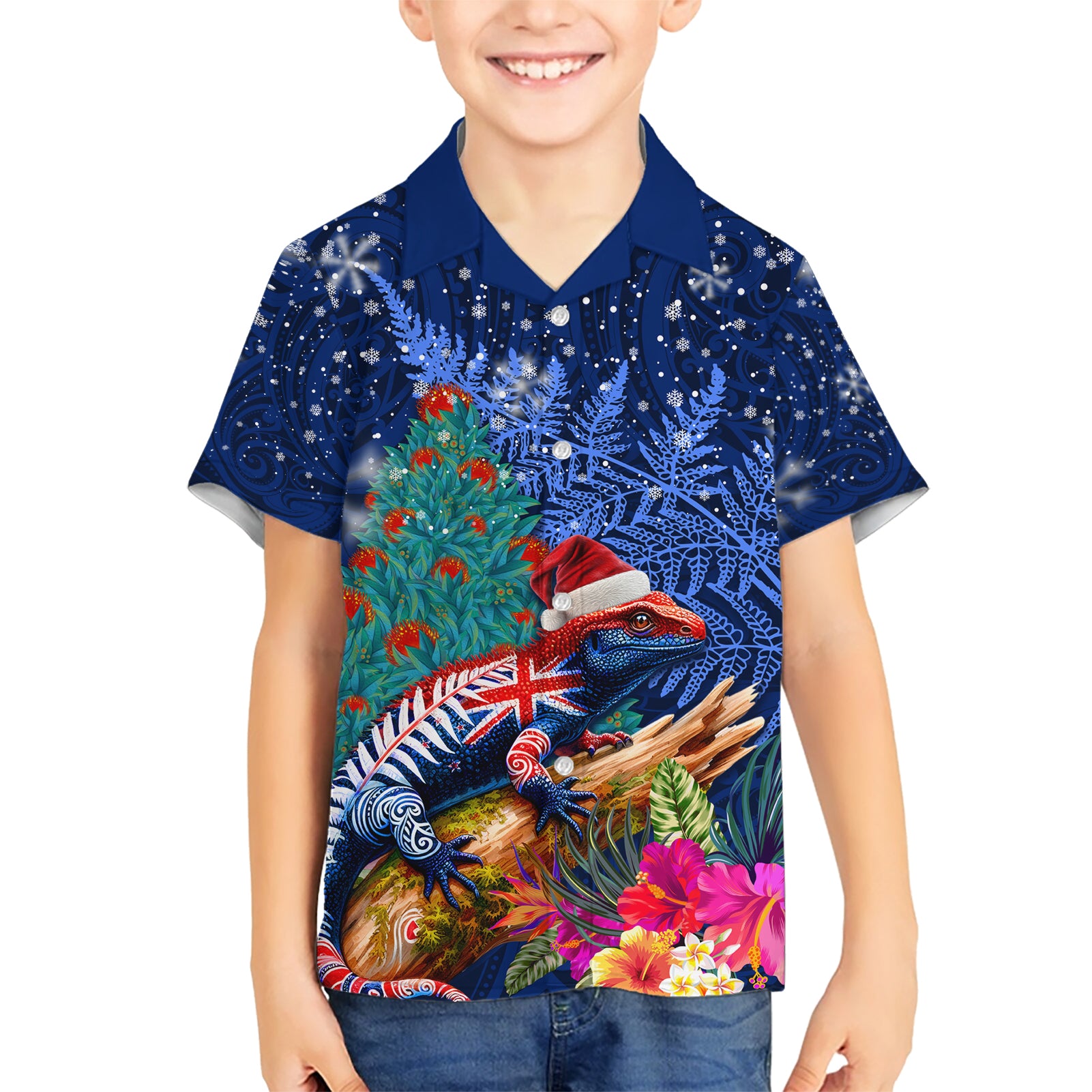 New Zealand Tuatara Christmas Kid Hawaiian Shirt Silver Fern and Xmas Pohutukawa Tree Blue Color