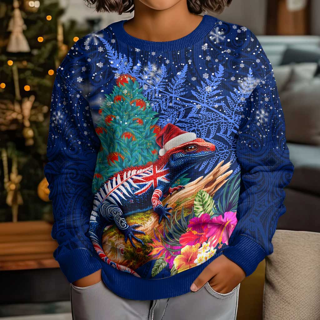New Zealand Tuatara Christmas Kid Ugly Christmas Sweater Silver Fern and Xmas Pohutukawa Tree Blue Color