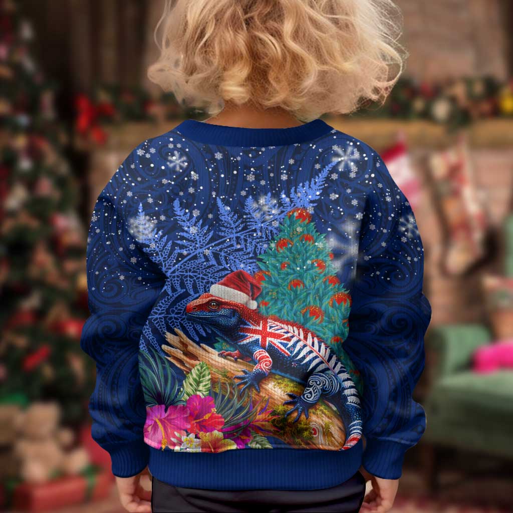 New Zealand Tuatara Christmas Kid Ugly Christmas Sweater Silver Fern and Xmas Pohutukawa Tree Blue Color