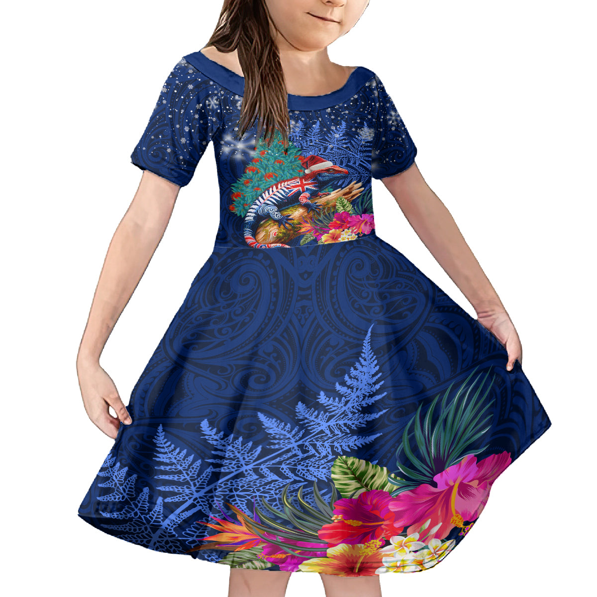 New Zealand Tuatara Christmas Kid Short Sleeve Dress Silver Fern and Xmas Pohutukawa Tree Blue Color