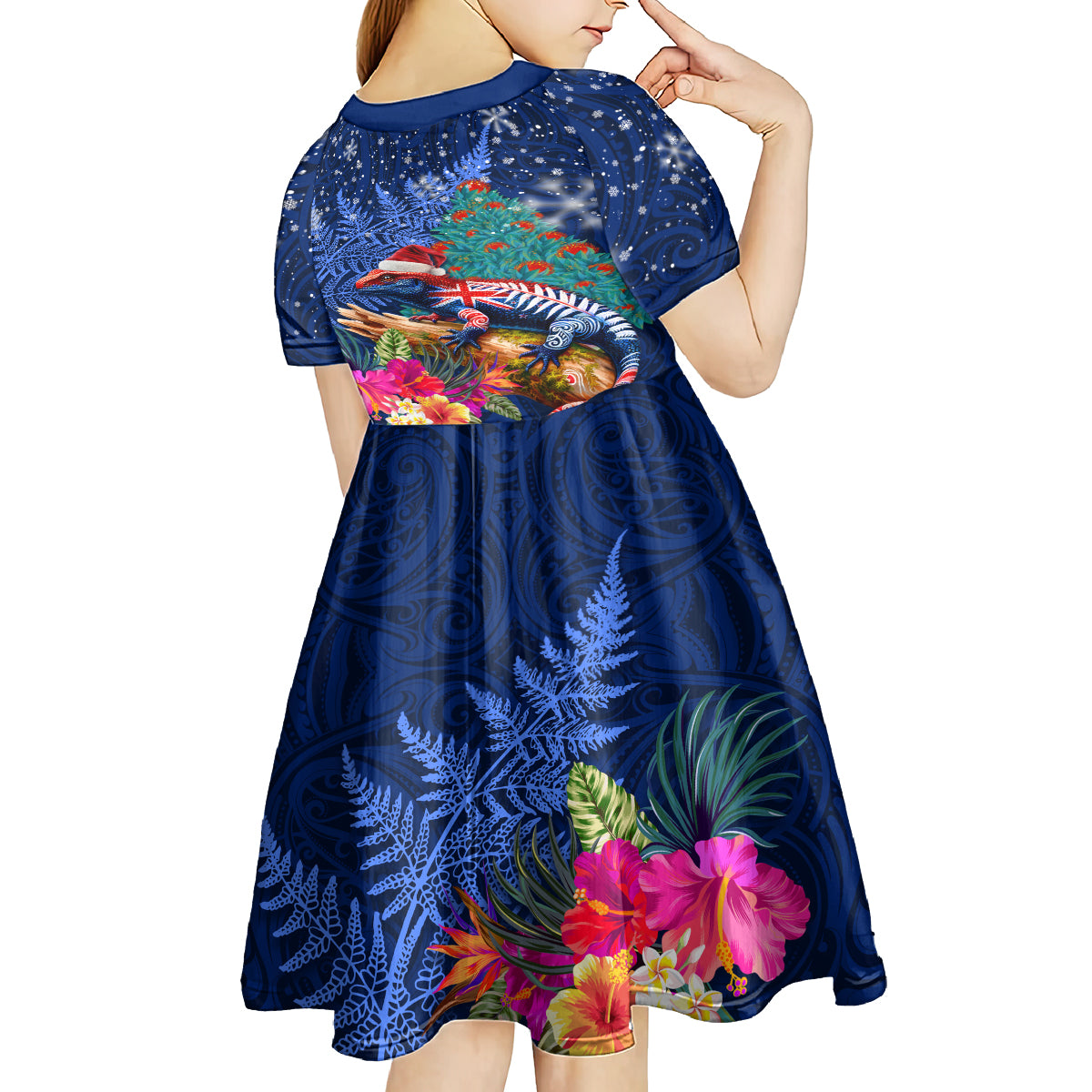 New Zealand Tuatara Christmas Kid Short Sleeve Dress Silver Fern and Xmas Pohutukawa Tree Blue Color