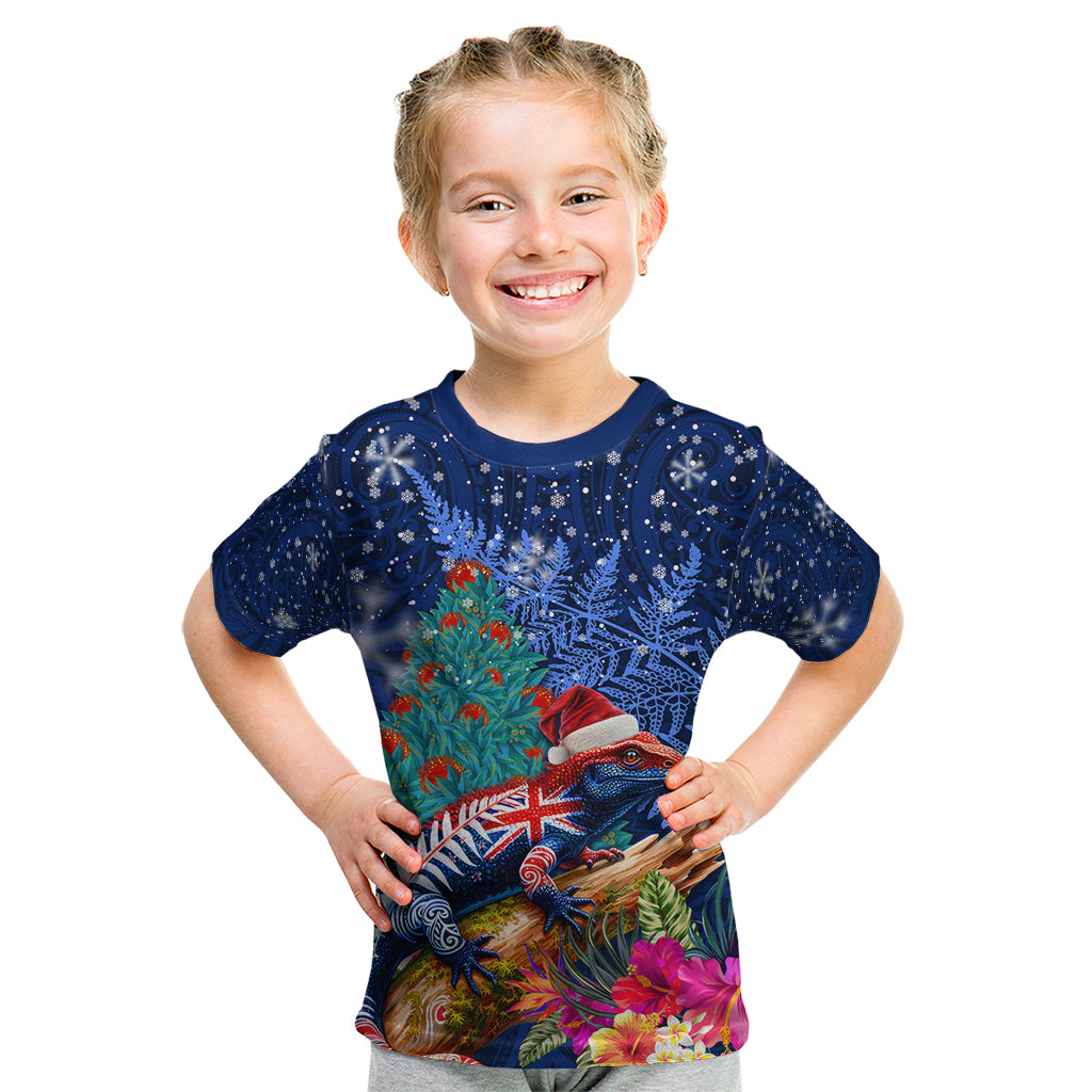 New Zealand Tuatara Christmas Kid T Shirt Silver Fern and Xmas Pohutukawa Tree Blue Color