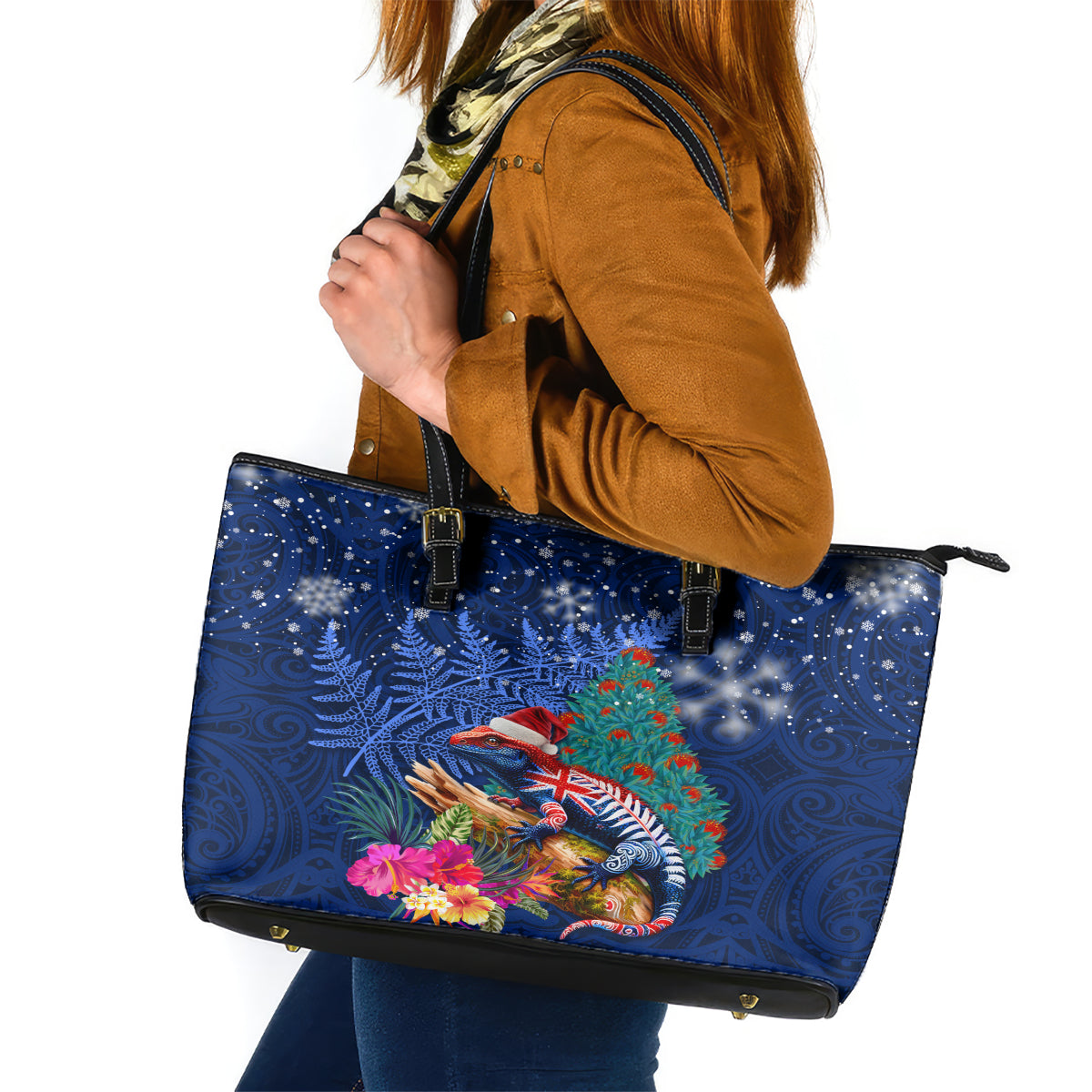New Zealand Tuatara Christmas Leather Tote Bag Silver Fern and Xmas Pohutukawa Tree Blue Color LT03 Blue - Polynesian Pride