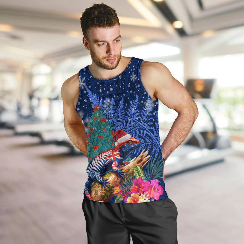 New Zealand Tuatara Christmas Men Tank Top Silver Fern and Xmas Pohutukawa Tree Blue Color LT03 Blue - Polynesian Pride