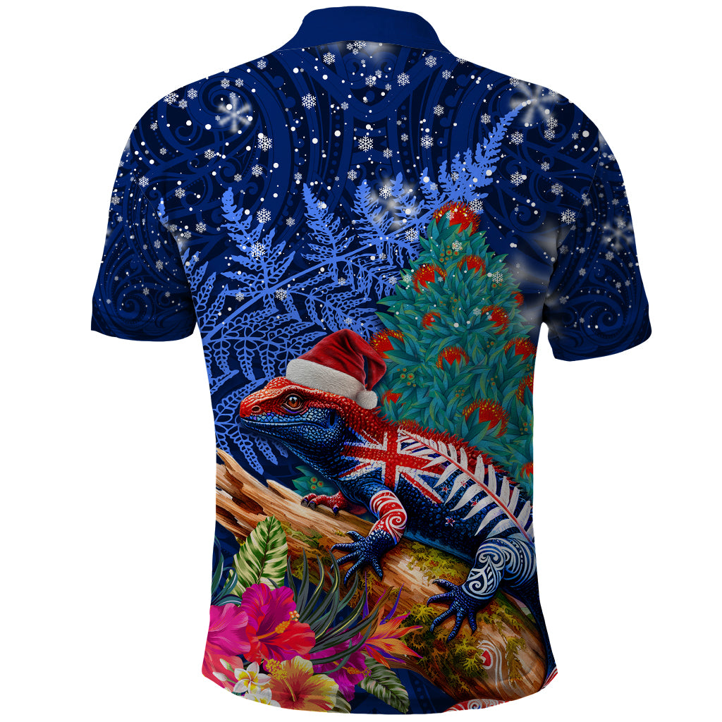 New Zealand Tuatara Christmas Polo Shirt Silver Fern and Xmas Pohutukawa Tree Blue Color