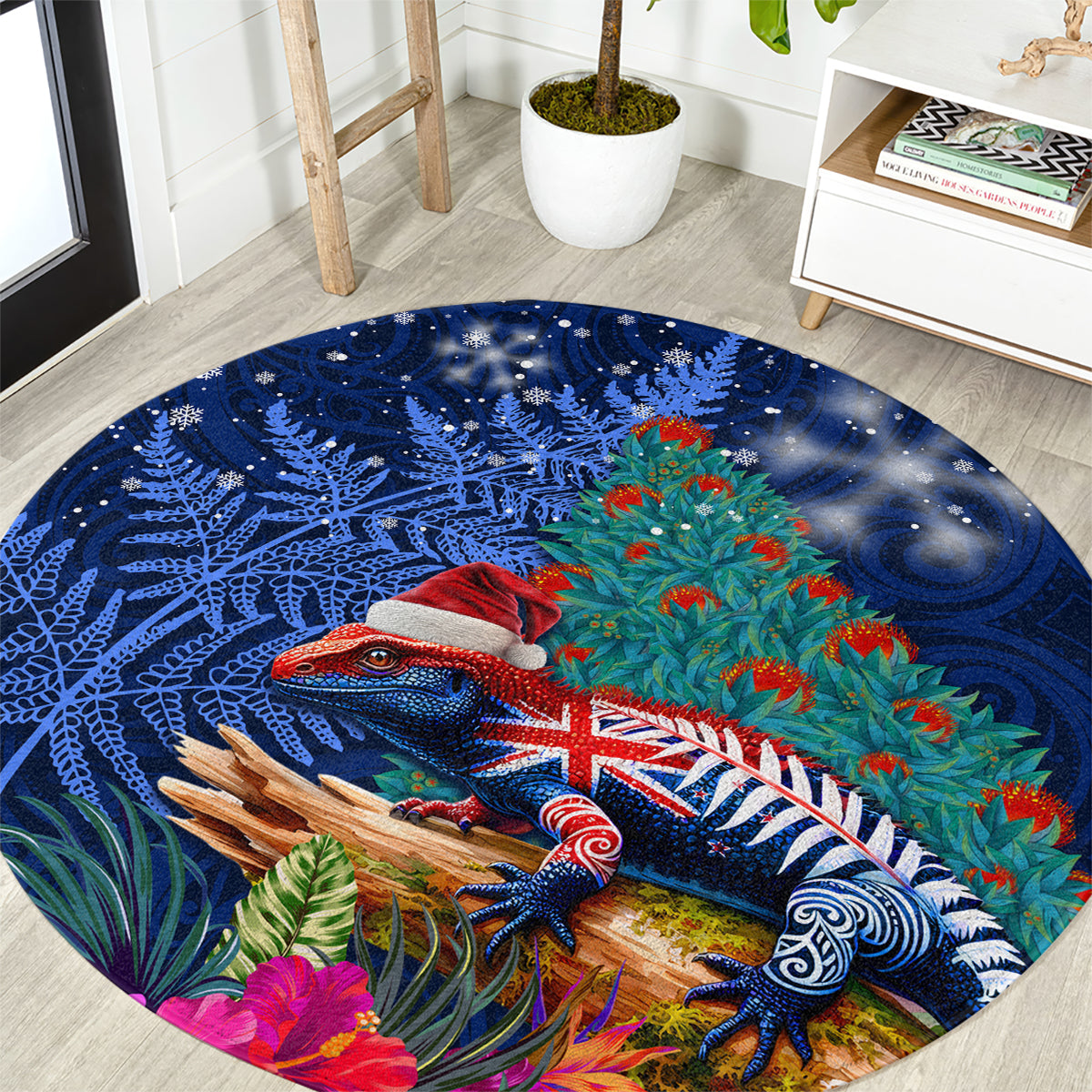 New Zealand Tuatara Christmas Round Carpet Silver Fern and Xmas Pohutukawa Tree Blue Color