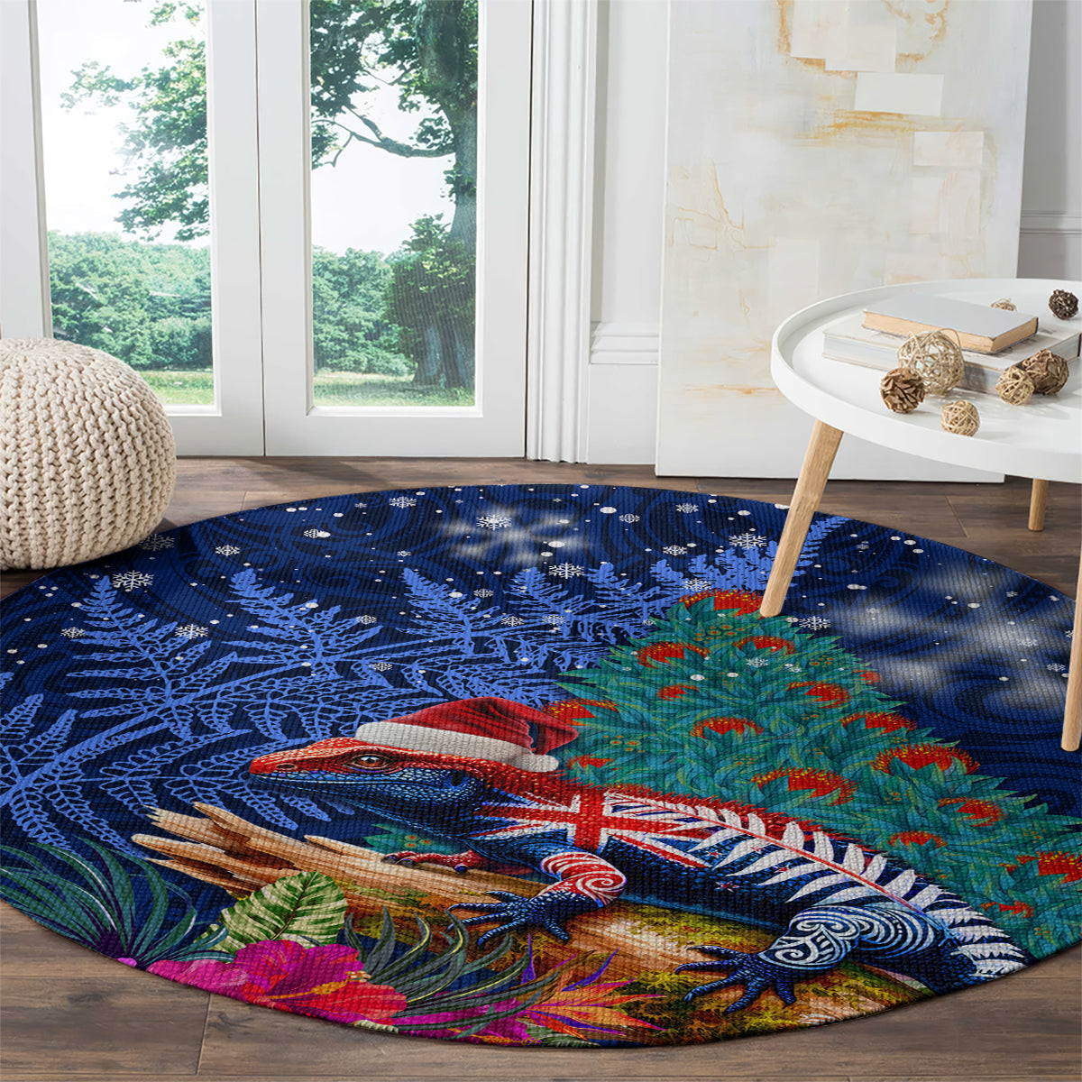 New Zealand Tuatara Christmas Round Carpet Silver Fern and Xmas Pohutukawa Tree Blue Color