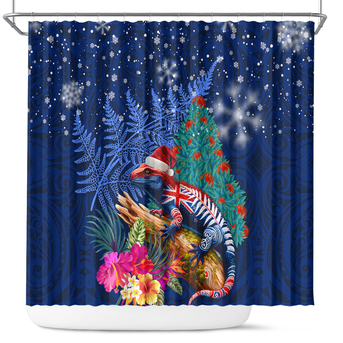 New Zealand Tuatara Christmas Shower Curtain Silver Fern and Xmas Pohutukawa Tree Blue Color