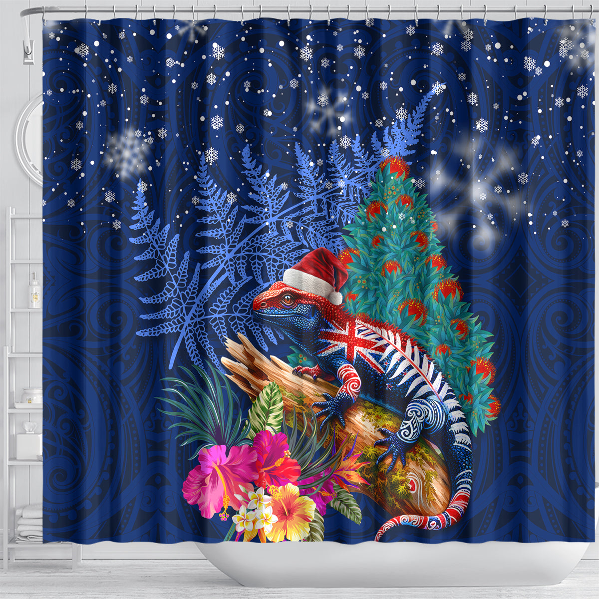 New Zealand Tuatara Christmas Shower Curtain Silver Fern and Xmas Pohutukawa Tree Blue Color