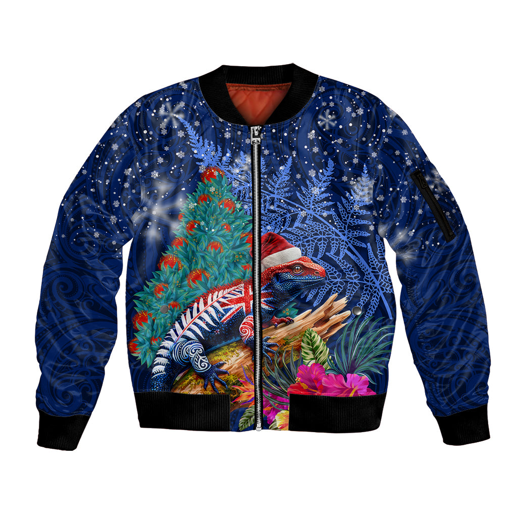 New Zealand Tuatara Christmas Sleeve Zip Bomber Jacket Silver Fern and Xmas Pohutukawa Tree Blue Color LT03 Unisex Blue - Polynesian Pride