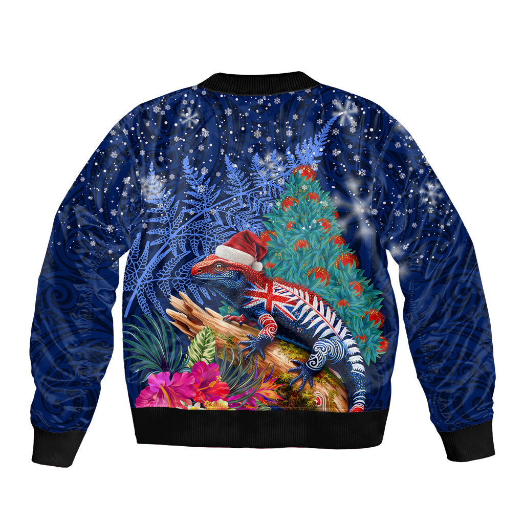 New Zealand Tuatara Christmas Sleeve Zip Bomber Jacket Silver Fern and Xmas Pohutukawa Tree Blue Color LT03 - Polynesian Pride
