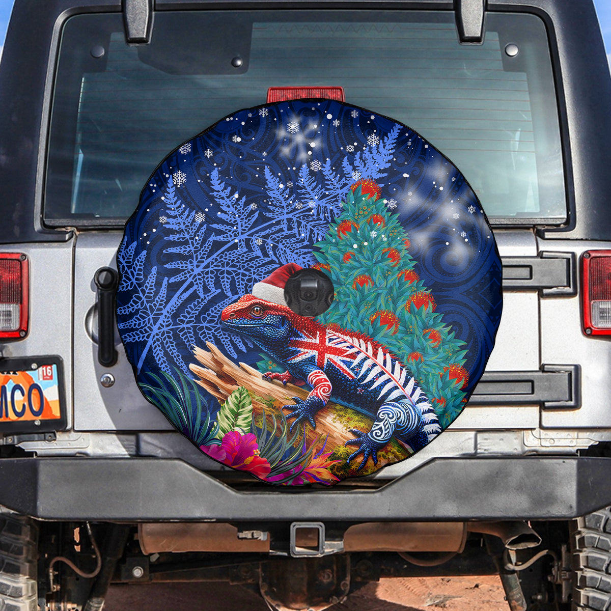 New Zealand Tuatara Christmas Spare Tire Cover Silver Fern and Xmas Pohutukawa Tree Blue Color