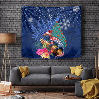 New Zealand Tuatara Christmas Tapestry Silver Fern and Xmas Pohutukawa Tree Blue Color