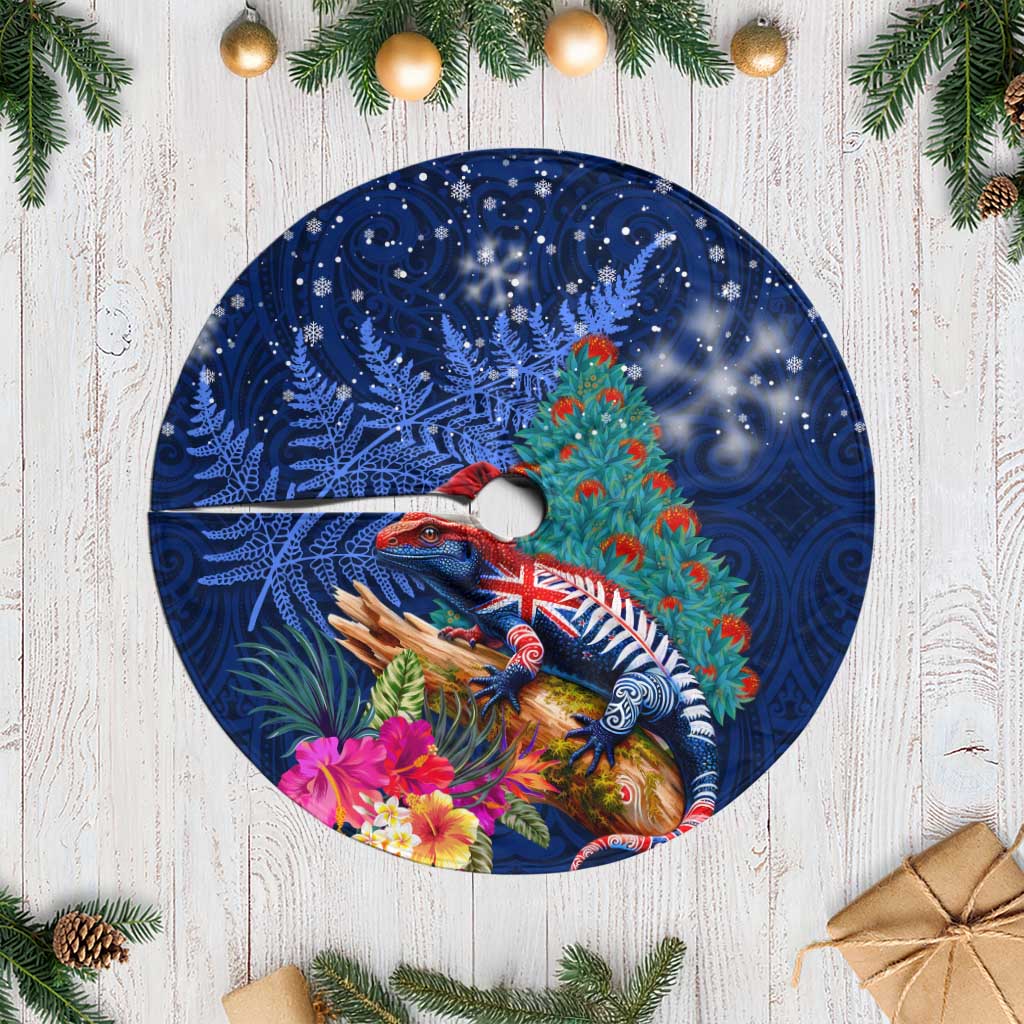 New Zealand Tuatara Christmas Tree Skirt Silver Fern and Xmas Pohutukawa Tree Blue Color