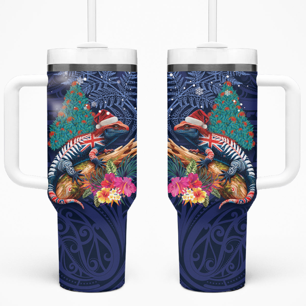 New Zealand Tuatara Christmas Tumbler With Handle Silver Fern and Xmas Pohutukawa Tree Blue Color